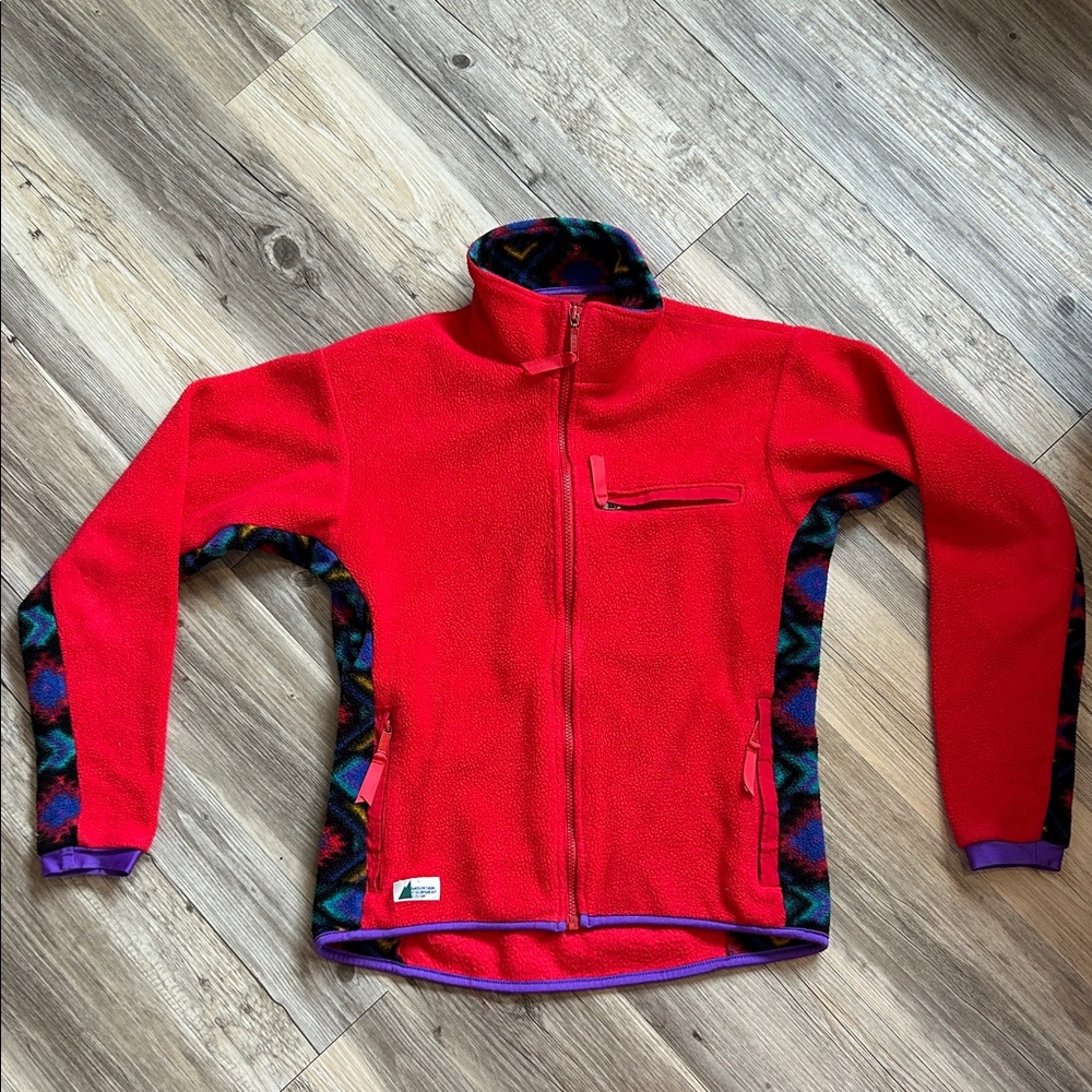 Vintage MEC Red Fleece Jacket with Multicolor Patterned Trim